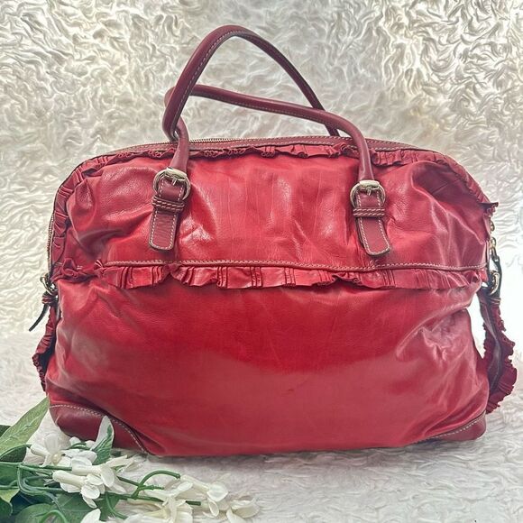 GUCCI‎ Red Leather Vintage Sabrina Top Handle Handbag Tote Ruffle Details - Picture 5 of 12